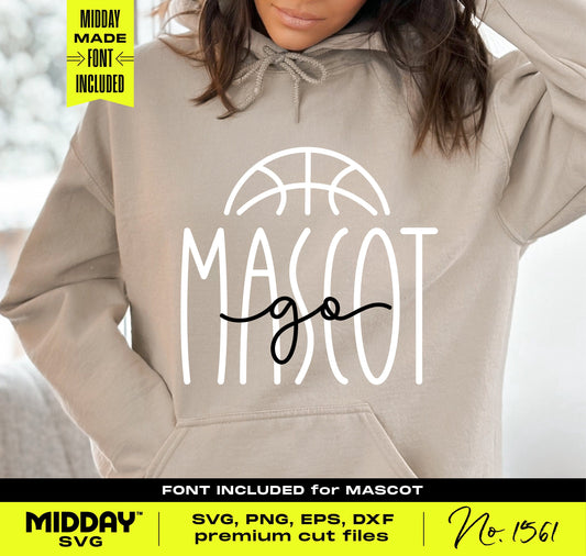 Basketball mascot SVG design on sweatshirt, includes SVG, PNG, EPS, DXF files, perfect for Cricut and Silhouette projects.