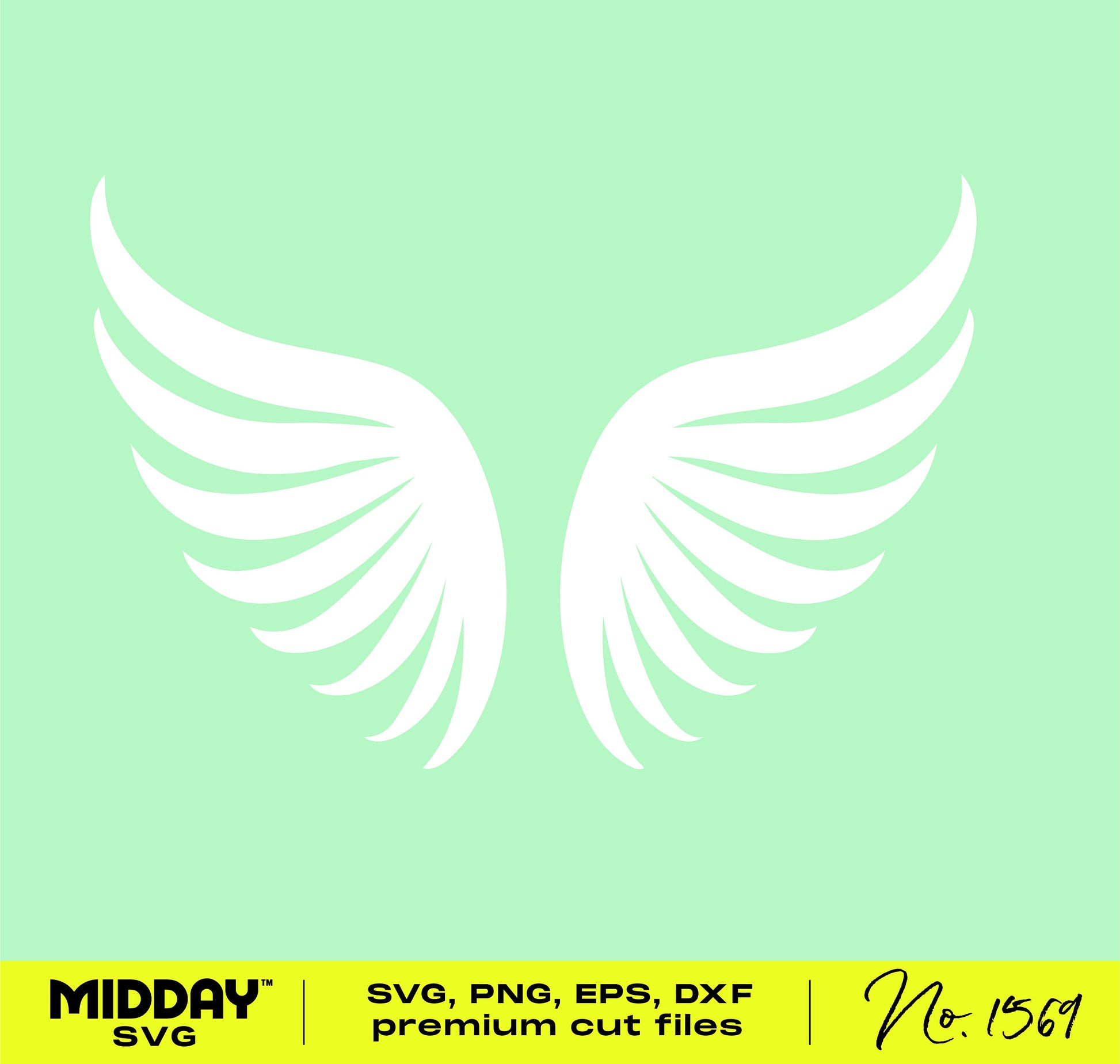 Angel wings SVG design for Cricut and Silhouette in white on light green background, includes SVG, PNG, EPS, DXF formats.