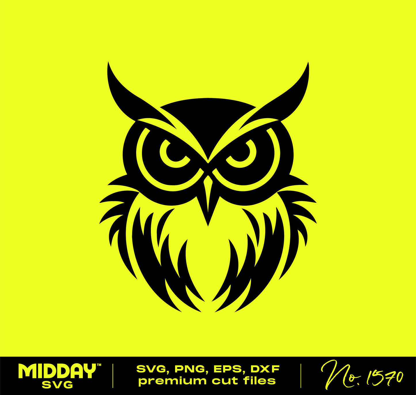 Black owl clip art design on yellow background, available in SVG, PNG, EPS, DXF formats for Cricut and Silhouette projects.