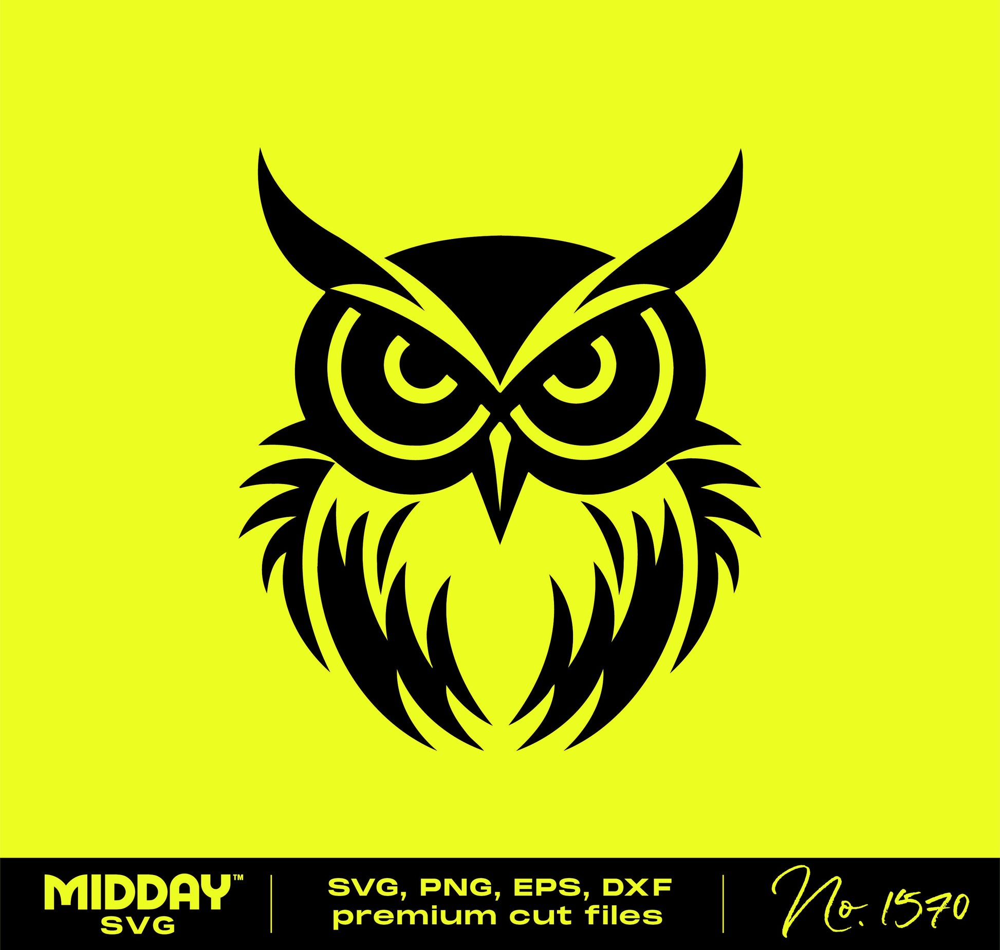 Black owl clip art design on yellow background, available in SVG, PNG, EPS, DXF formats for Cricut and Silhouette projects.