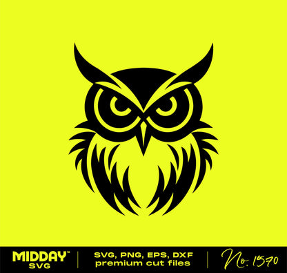 Black owl clip art design on yellow background, available in SVG, PNG, EPS, DXF formats for Cricut and Silhouette projects.