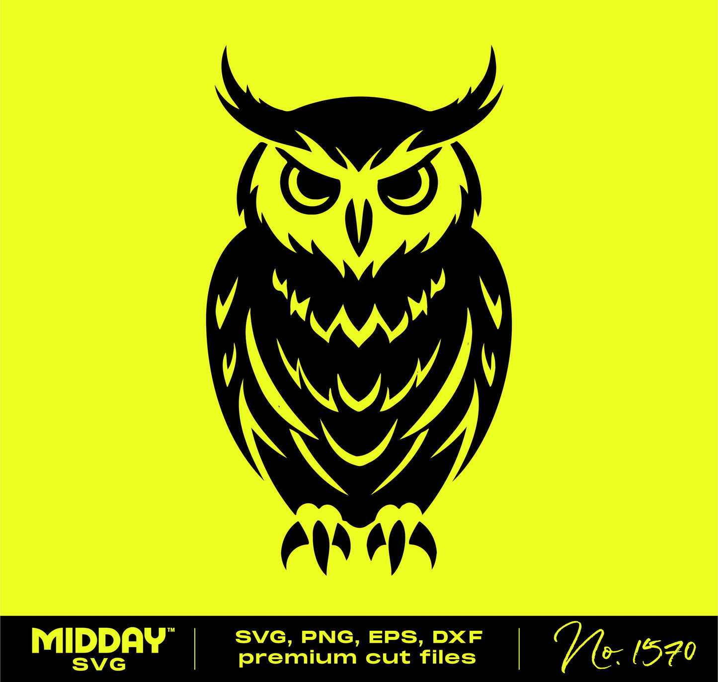 Black owl silhouette graphic for Cricut and Silhouette, available in SVG, PNG, EPS, DXF formats, on a yellow background.