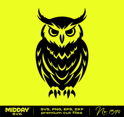 Black owl silhouette graphic for Cricut and Silhouette, available in SVG, PNG, EPS, DXF formats, on a yellow background.