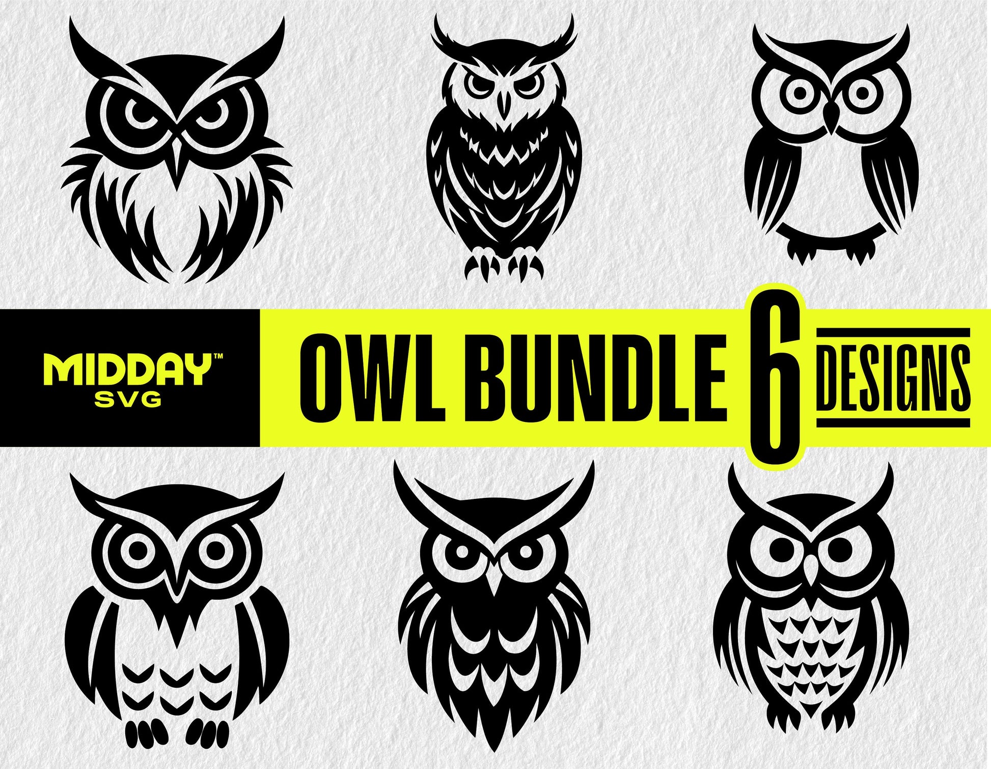 Owl SVG Bundle featuring 6 unique designs for Cricut and Silhouette, perfect for crafts, laser cutting, and sublimation projects.