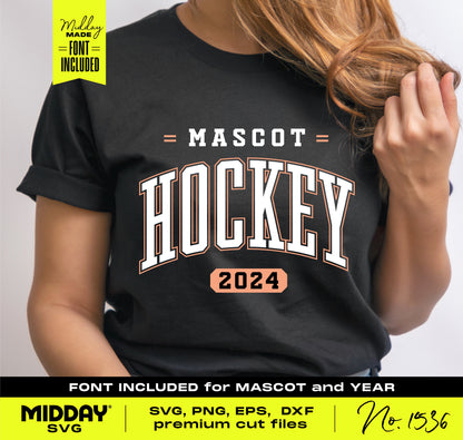 Person wearing a black t-shirt with 'Mascot Hockey 2024' design, showcasing included fonts, ideal for shirt crafting and Cricut projects.