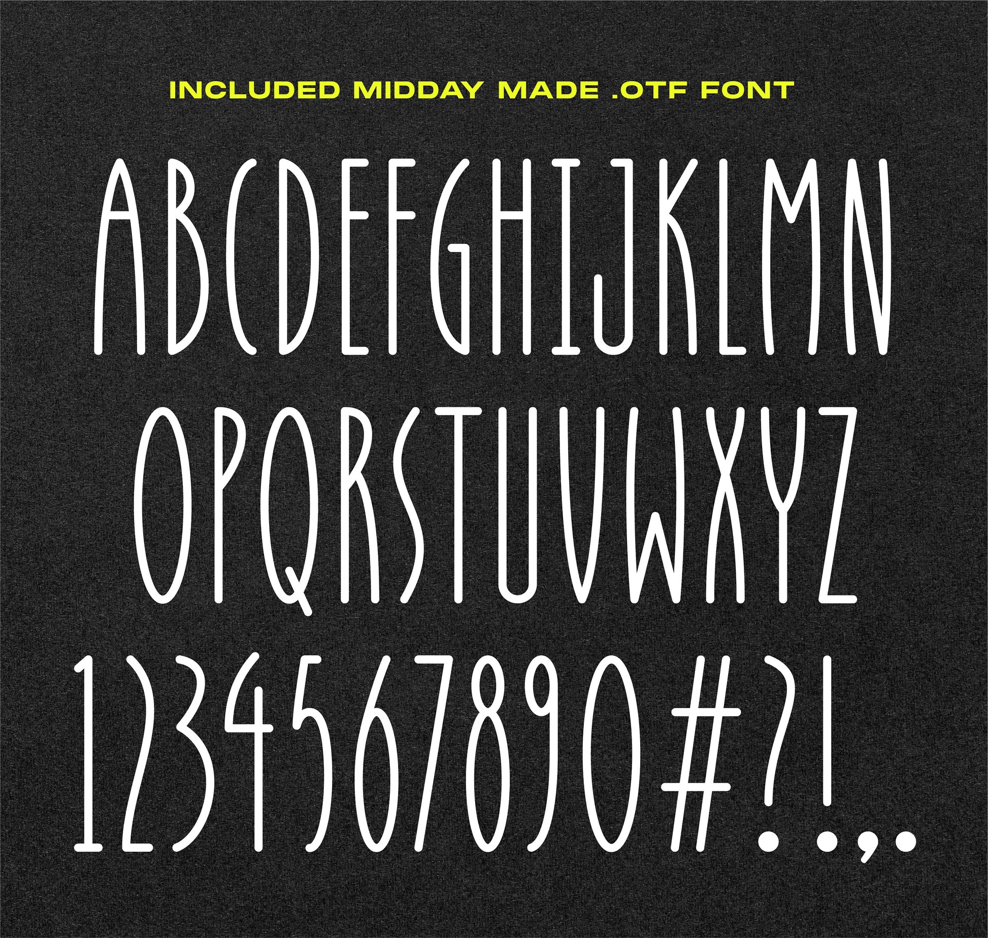 Midday Made condensed font alphabet numbers and symbols on dark background