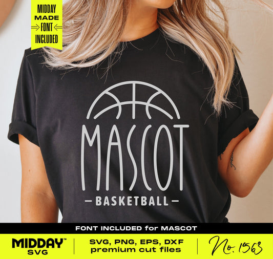 Woman wearing a black t-shirt with 'Mascot Basketball' design, featuring a basketball graphic and condensed font, for SVG shirt design.