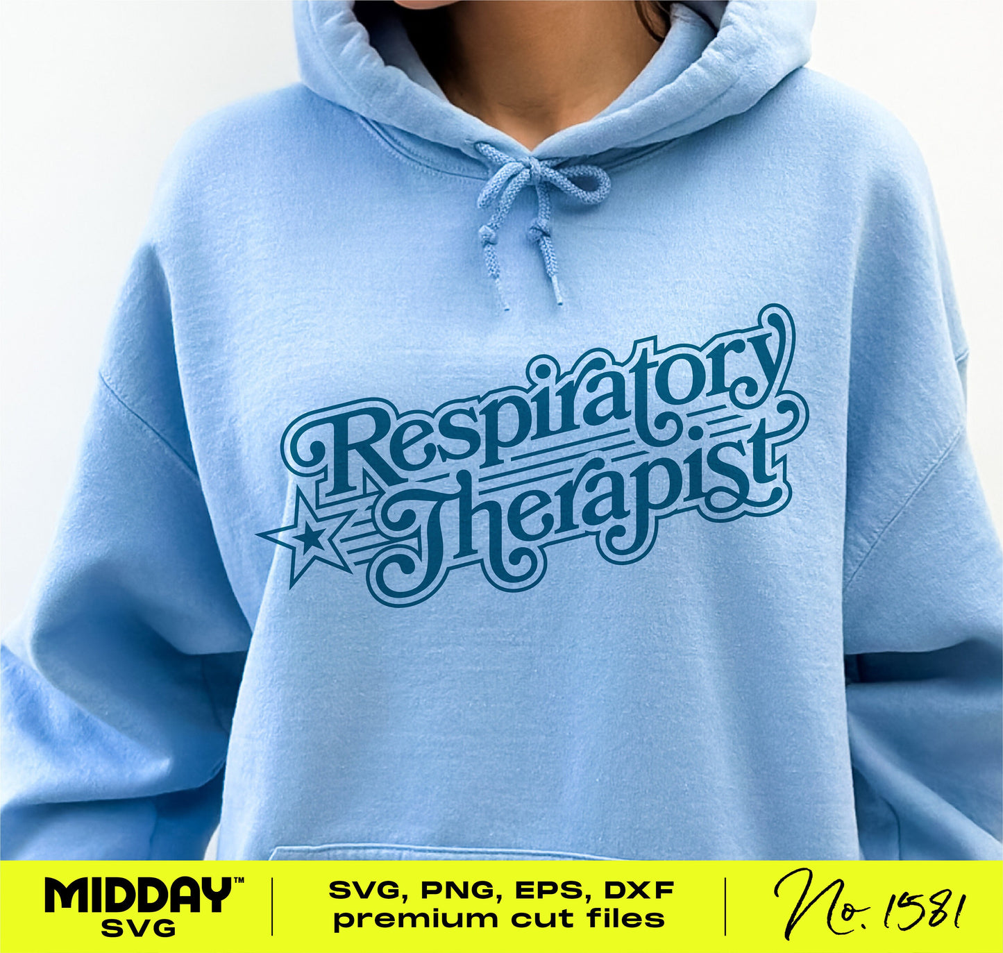 Light blue hoodie with a nostalgic 'Respiratory Therapist' logo in vintage style, available as SVG, PNG, EPS, and DXF files.