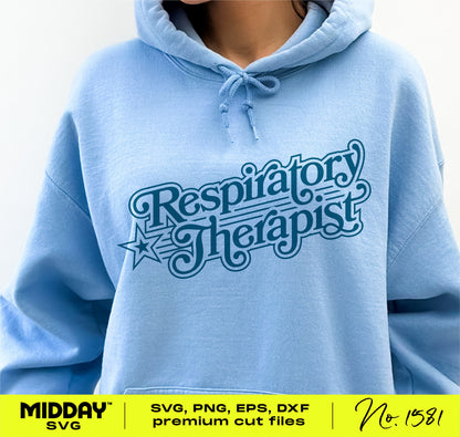 Light blue hoodie with a nostalgic 'Respiratory Therapist' logo in vintage style, available as SVG, PNG, EPS, and DXF files.
