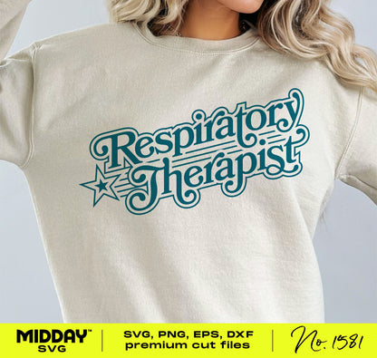 Nostalgic Respiratory Therapist logo design on beige sweatshirt, available as SVG, PNG, EPS, DXF files, perfect for custom projects.