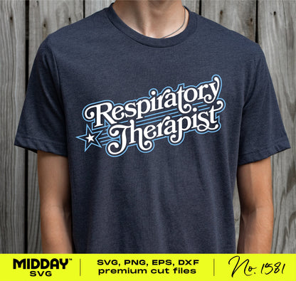 T-shirt featuring a nostalgic respiratory therapist logo design with SVG, PNG, EPS, DXF cut files available.