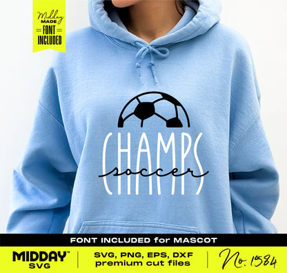 Blue hoodie featuring soccer ball design and 'Champs Soccer' text, part of customizable soccer team gear SVG template with font included.