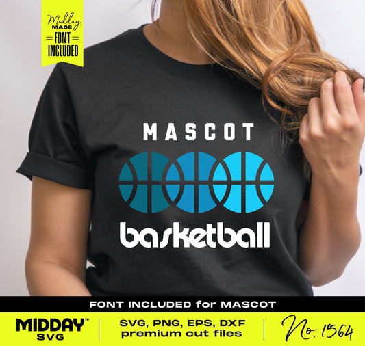 Customizable geometric basketball team shirt design with blue circles, "Mascot Basketball" text, includes font, SVG and PNG formats.