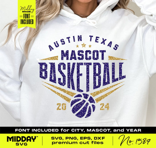 White hoodie with bold purple and gold basketball SVG design, featuring customizable text for Austin Texas Mascot, and year 2024.