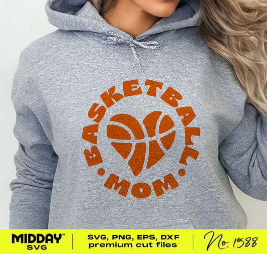 Basketball Mom Heart SVG design on gray hoodie, perfect for crafting, apparel, and proud sports moms. Available in SVG, PNG, EPS, DXF.
