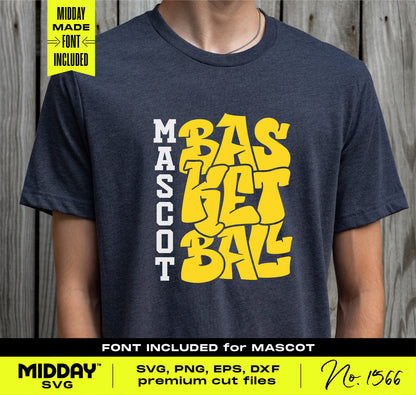 Gray t-shirt with yellow graffiti-style 'Mascot Basketball' text, SVG/PNG, premium cut files for Cricut and Silhouette.