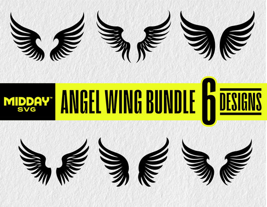 Angel Wing Bundle with 6 Designs in SVG, PNG format for Cricut and Silhouette, featuring black angel and bird wing illustrations.