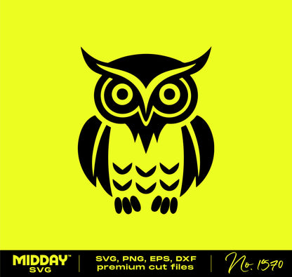Stylized owl SVG cut file in black on a bright yellow background, suitable for Cricut and Silhouette use.