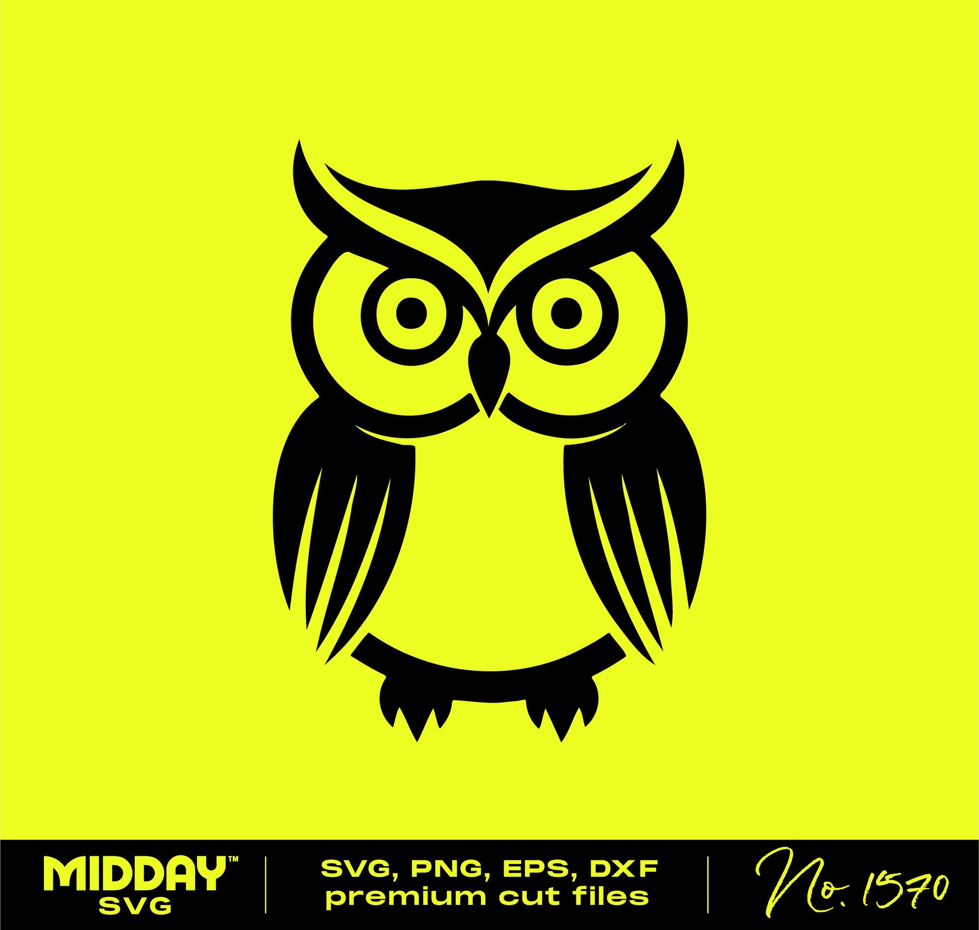 Black owl SVG design on yellow background for Cricut and Silhouette, includes PNG, EPS, DXF formats. Ideal for crafts and laser cutting.