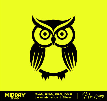 Black owl SVG design on yellow background for Cricut and Silhouette, includes PNG, EPS, DXF formats. Ideal for crafts and laser cutting.