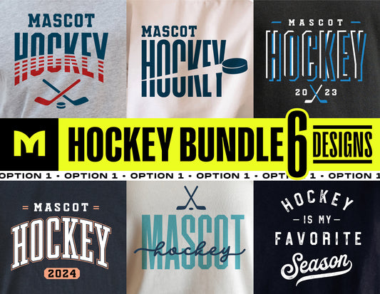 Hockey SVG bundle with 6 sporty designs for Cricut and Silhouette, featuring mascots and team logos for shirts and home decor.