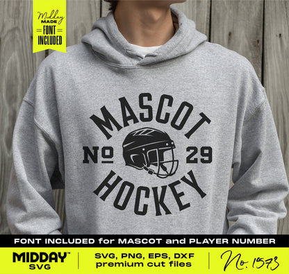Gray hoodie featuring custom hockey helmet mascot design in SVG format, with number and font options for Cricut and Silhouette users.