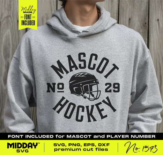 Gray hoodie featuring custom hockey helmet mascot design in SVG format, with number and font options for Cricut and Silhouette users.