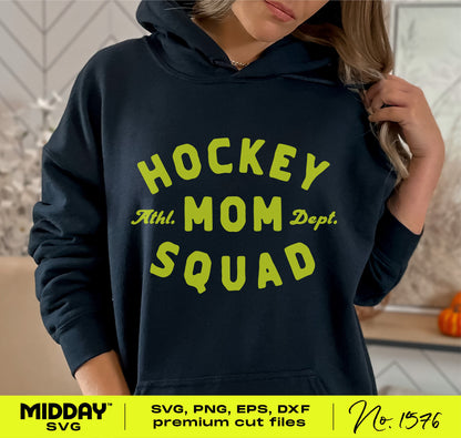 Woman wearing a hoodie with 'Hockey Mom Squad' design in yellow, showcasing trendy typography for fans.