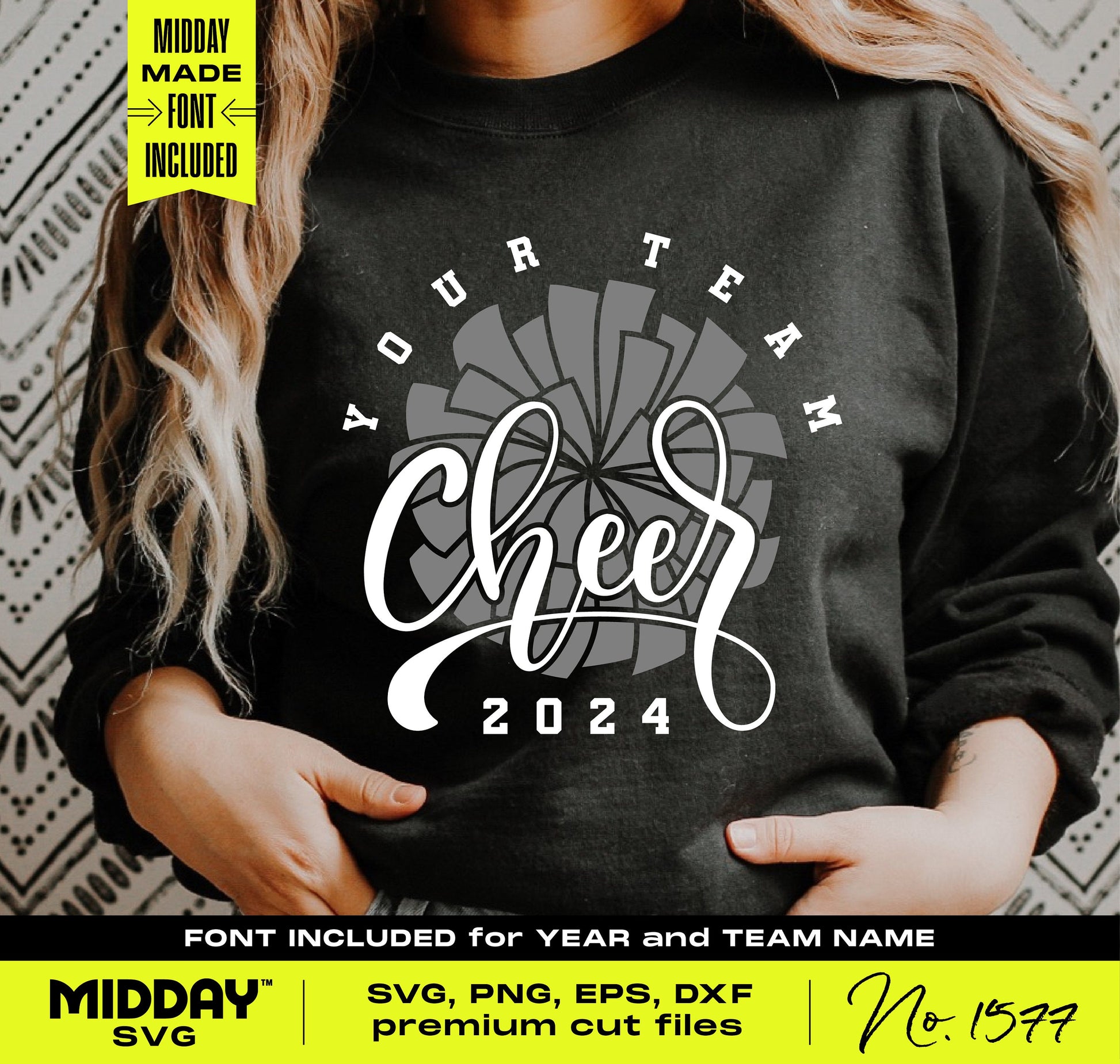 Classy Cheer Team Template SVG sweatshirt with customizable team name and year design, perfect for cheerleading gear.