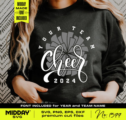 Classy Cheer Team Template SVG sweatshirt with customizable team name and year design, perfect for cheerleading gear.