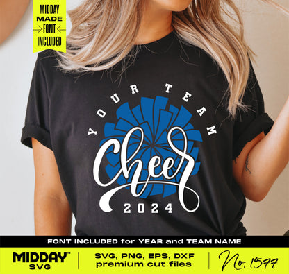 Classy Cheer Team Template SVG on t-shirt, showing customizable team name and year in elegant font for personalized cheer gear design.