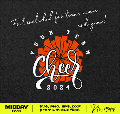 Classy Cheer Team Template SVG with customizable font for team name and year, featuring "Your Team Cheer 2024" design on black background.