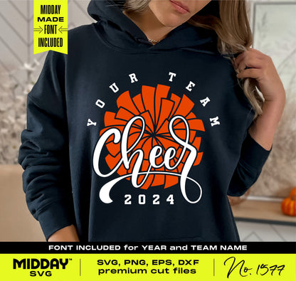 Customizable cheer team SVG template on hoodie with 'Cheer 2024' design and font included for personalization.