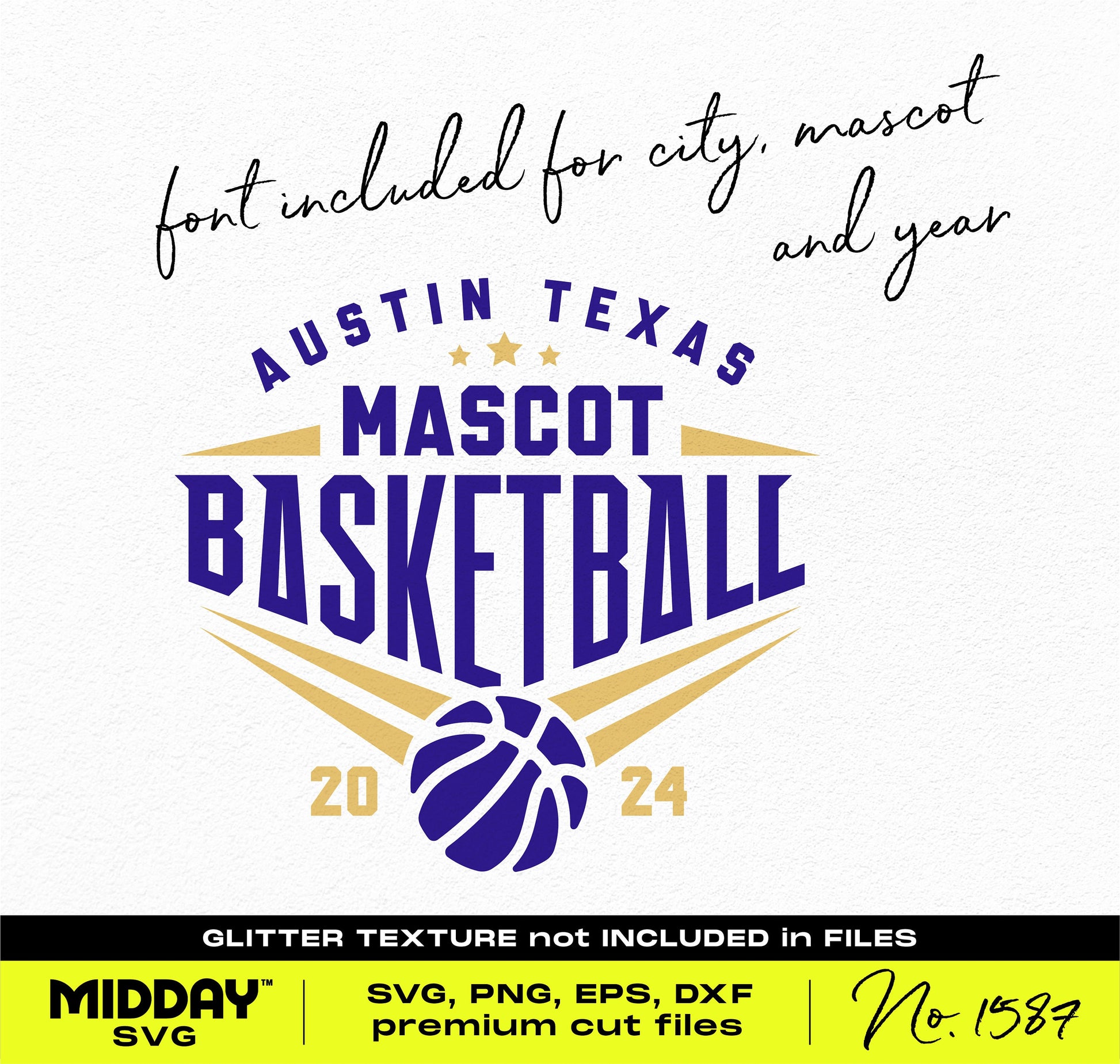 Bold basketball SVG design with customizable city, mascot, and year text, featuring vibrant colors and a basketball graphic for team apparel.