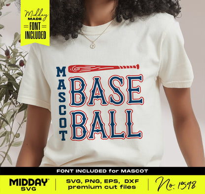 Person wearing a t-shirt with 'Mascot Baseball' design, available as SVG, PNG, EPS, and DXF files. Font included for customization.