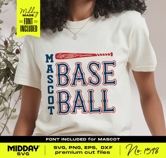 Person wearing a t-shirt with 'Mascot Baseball' design, available as SVG, PNG, EPS, and DXF files. Font included for customization.