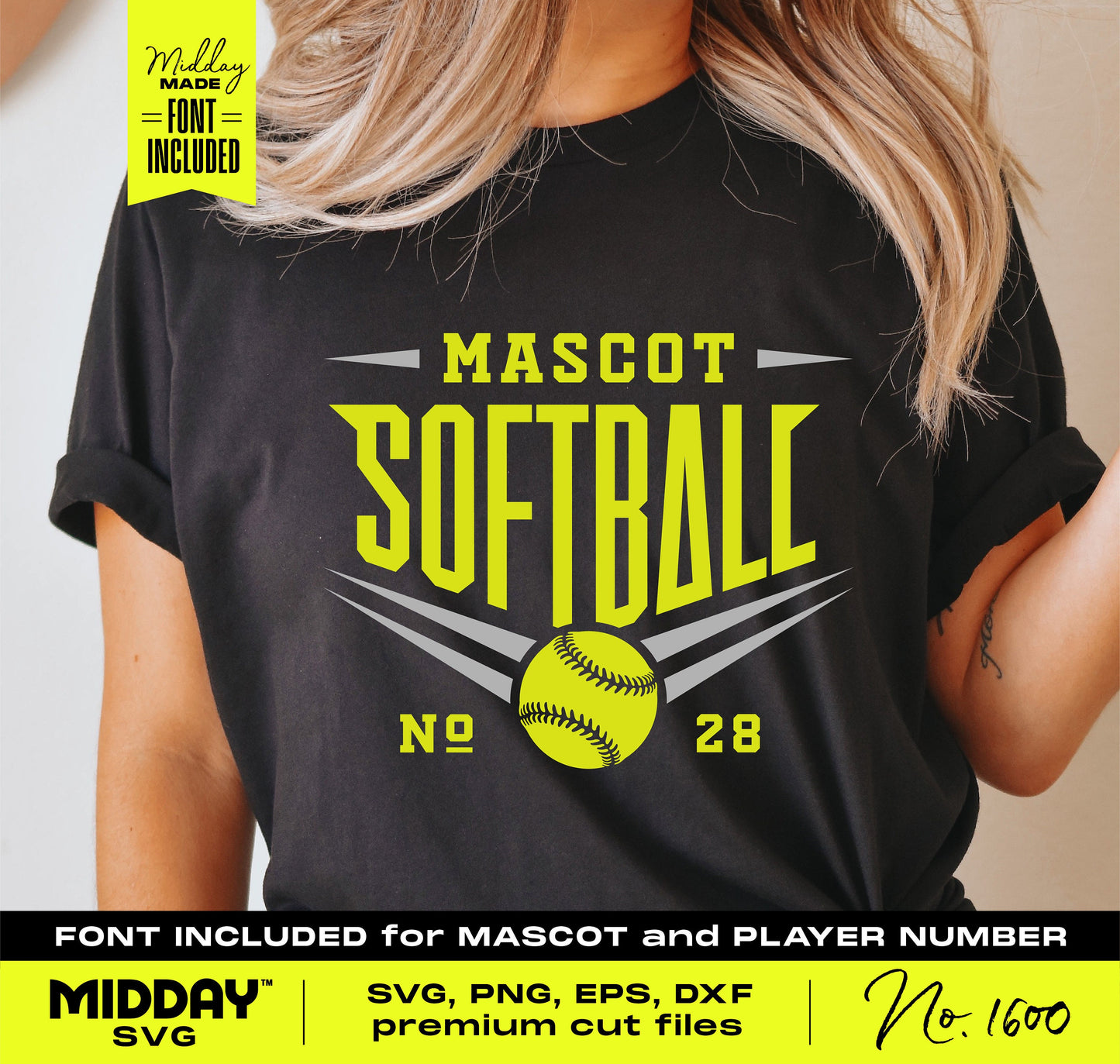Black t-shirt featuring a dynamic softball SVG design with 'Mascot Softball' text, yellow graphics, and font for personalization.