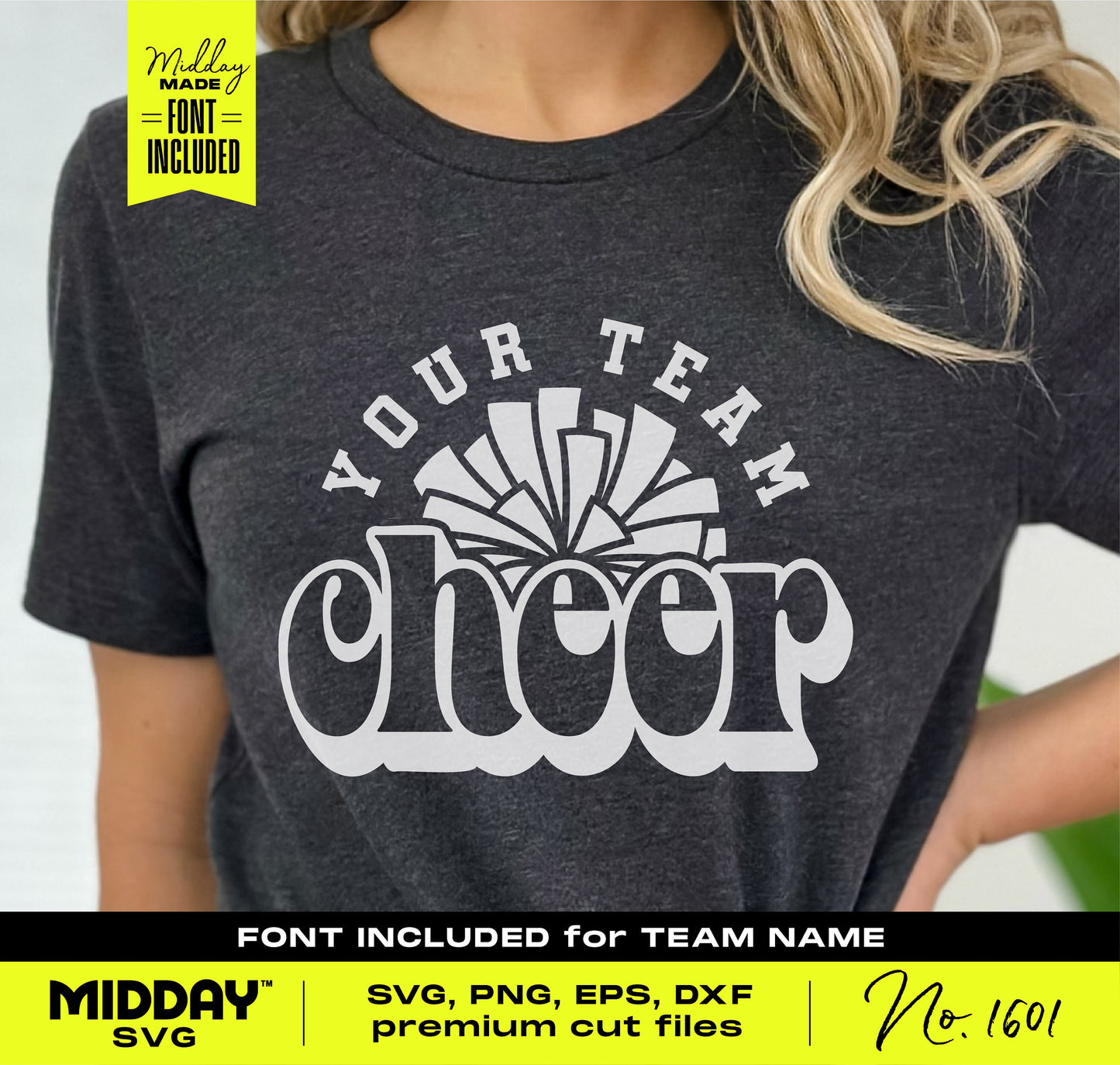 Cheerleader t-shirt with personalized cheer team logo design using SVG, PNG, EPS, DXF cut files for Cricut and Silhouette.