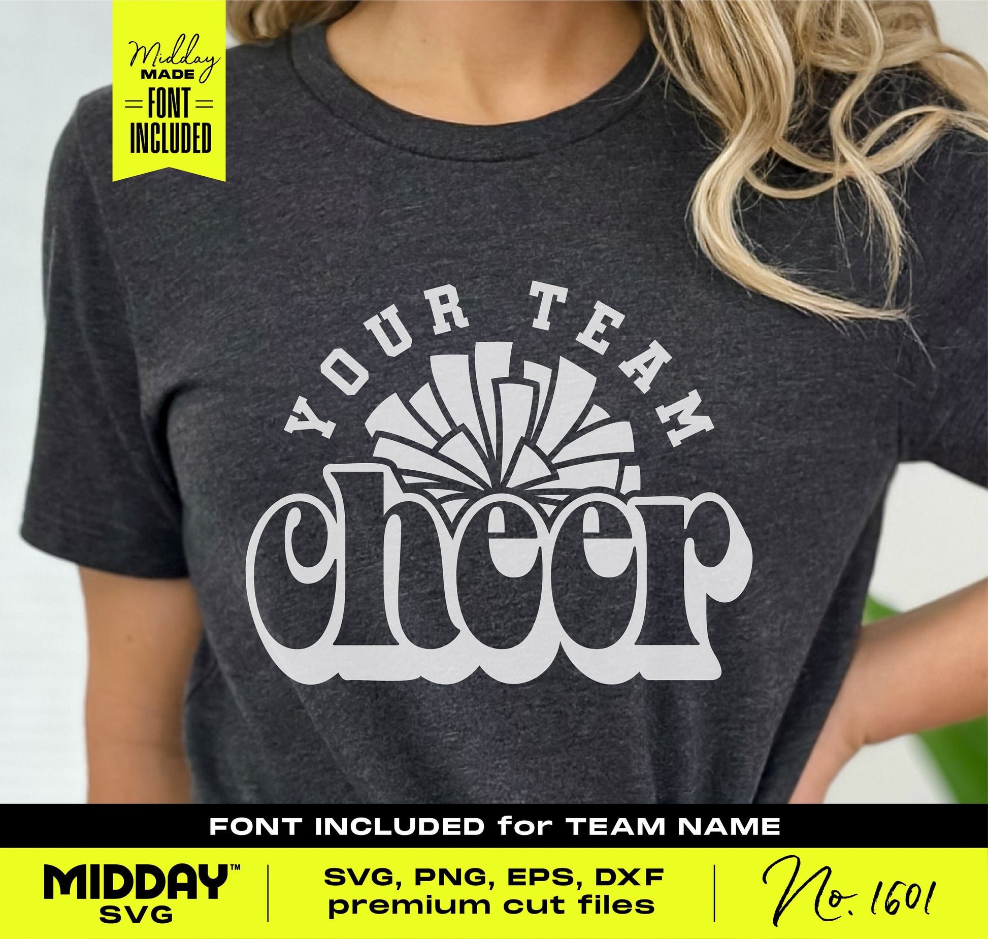 Cheerleader t-shirt with personalized cheer team logo design using SVG, PNG, EPS, DXF cut files for Cricut and Silhouette.