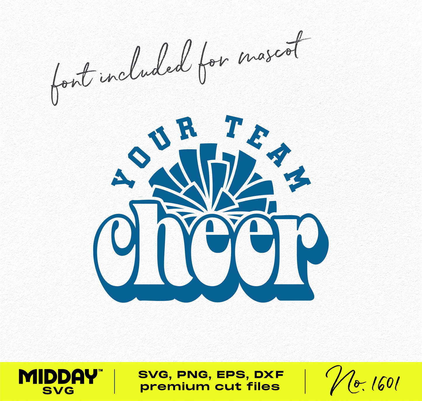 Personalized cheer team logo SVG with pom pom design, compatible with Cricut and Silhouette. Includes font for customization.