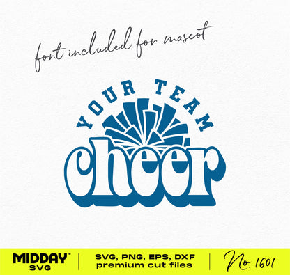 Personalized cheer team logo SVG with pom pom design, compatible with Cricut and Silhouette. Includes font for customization.