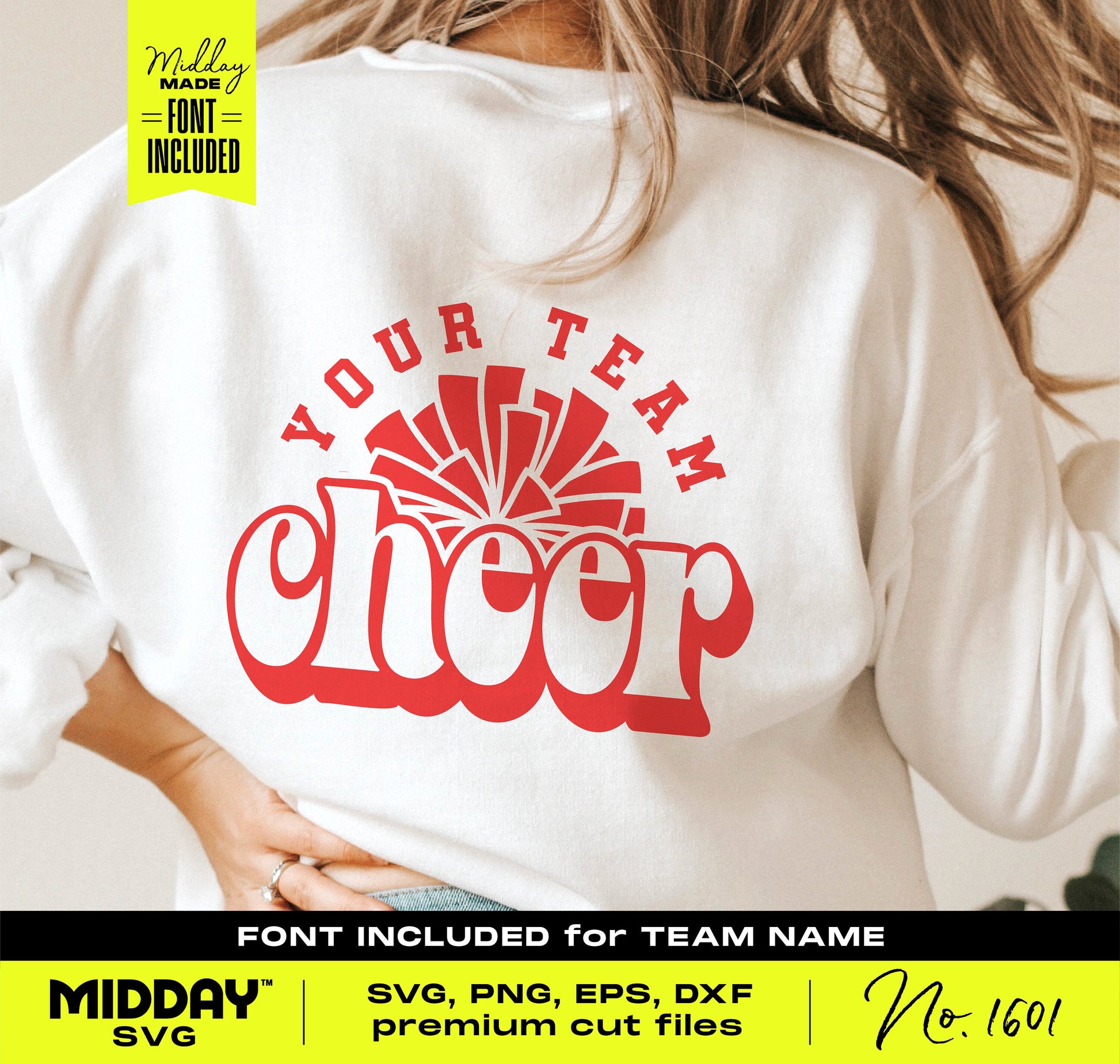 Back of shirt with customizable cheerleader SVG design, featuring pom poms and text "Your Team Cheer," available as digital download for Cricut.