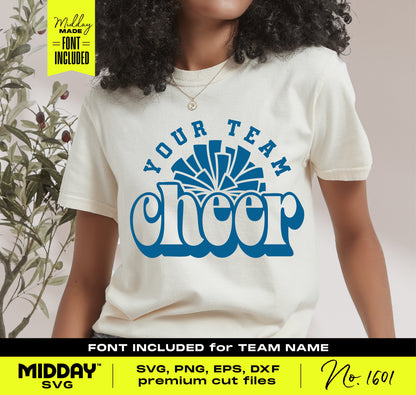 Woman wearing a cheer team logo t-shirt with customizable design, blue text 'Your Team Cheer', ideal for SVG, PNG, EPS Cricut cut files