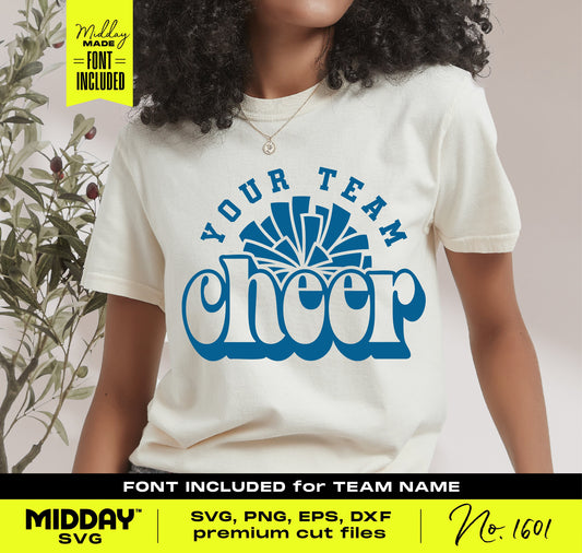 Woman wearing a cheer team logo t-shirt with customizable design, blue text 'Your Team Cheer', ideal for SVG, PNG, EPS Cricut cut files