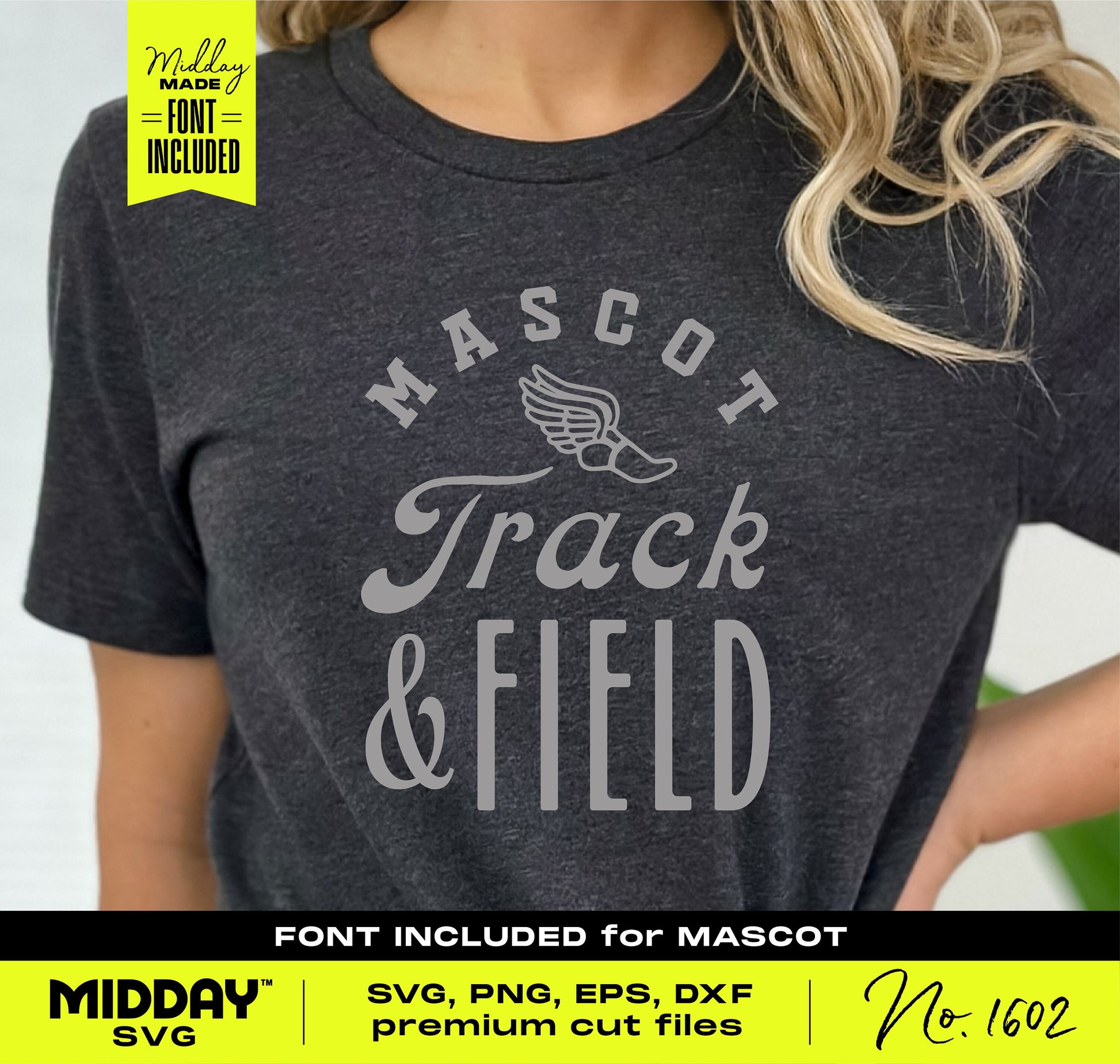Woman wearing a black t-shirt with 'Mascot Track & Field' design, featuring sporty text and winged shoe graphic for team apparel.