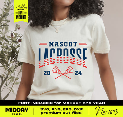 Person wearing customizable striped lacrosse team SVG shirt for team gear and merchandise, featuring bold sporty design.
