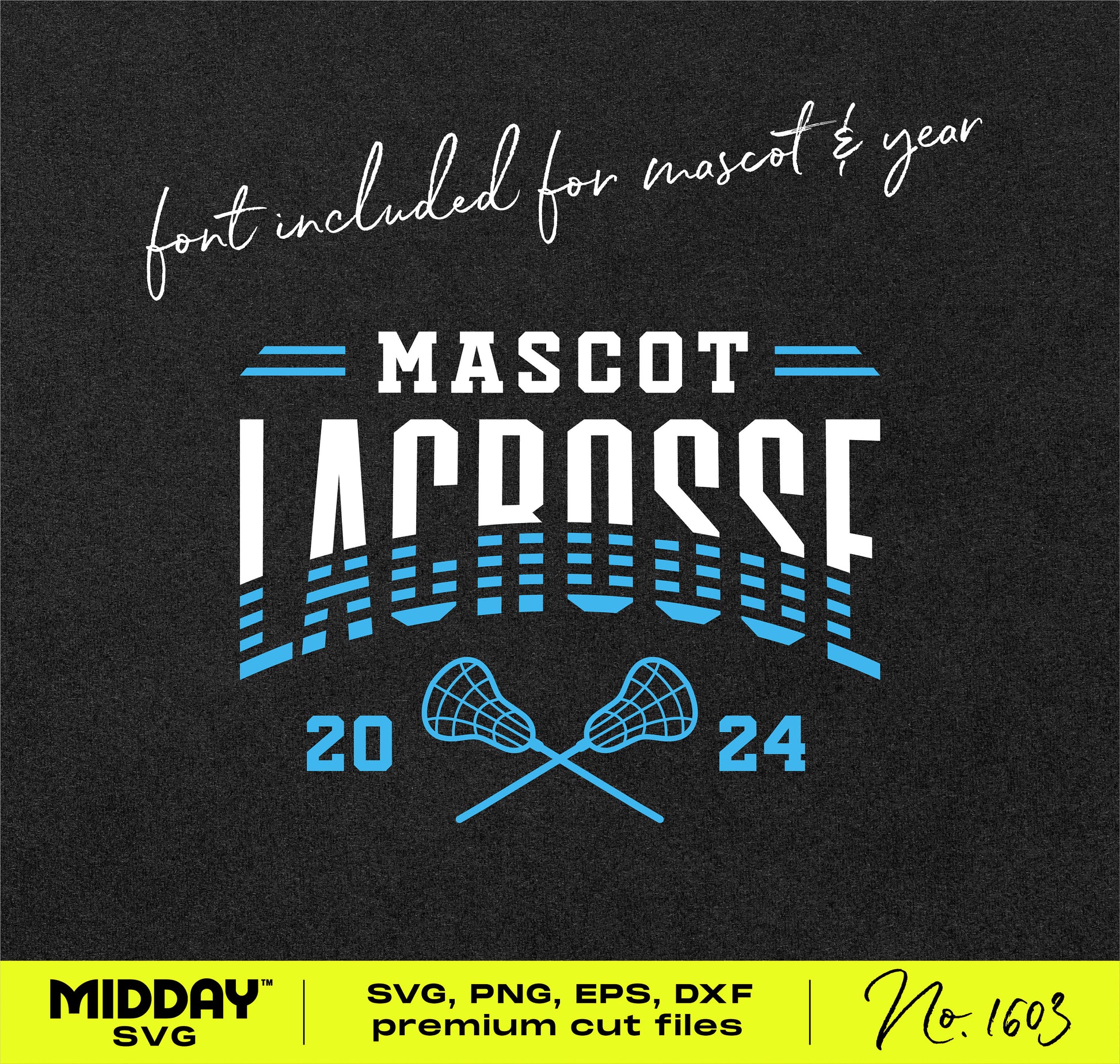 Customizable striped lacrosse SVG design with 2024 text, featuring bold fonts and lacrosse sticks, ideal for team gear and merchandise.