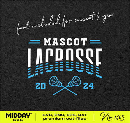Customizable striped lacrosse SVG design with 2024 text, featuring bold fonts and lacrosse sticks, ideal for team gear and merchandise.