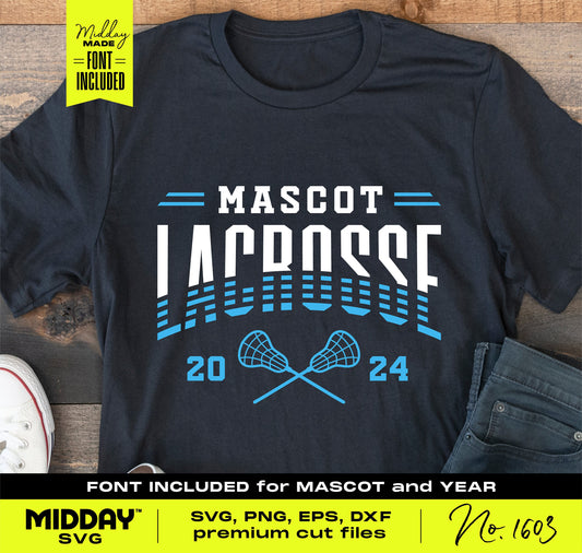 Customizable striped lacrosse team SVG design on t-shirt with bold text and lacrosse sticks, ideal for team merchandise and apparel.