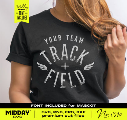 Track and Field team template t-shirt with custom font, available in SVG, PNG, EPS, DXF formats, perfect for sports enthusiasts.